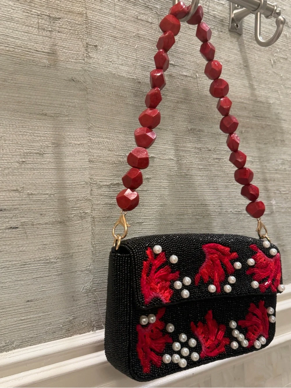 New Beaded shoulder Bag black with red coral white stone handle purse embroidery